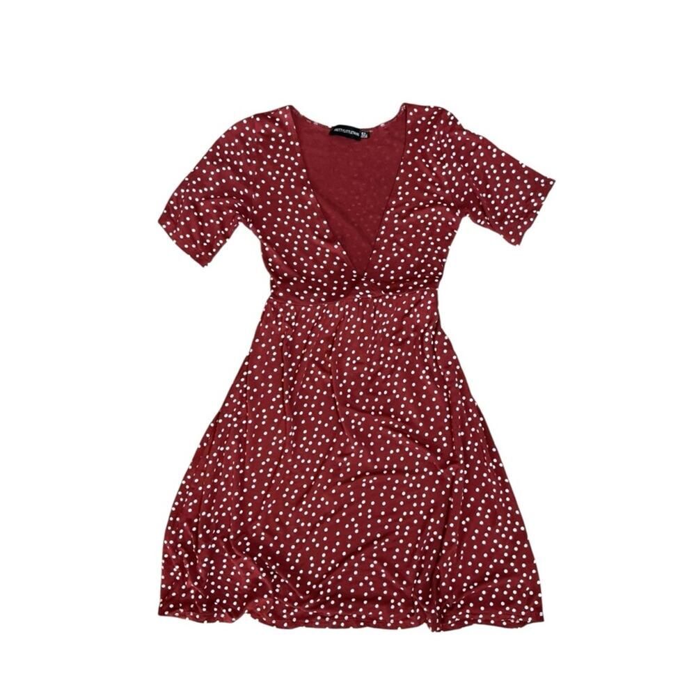 PrettyLittleThing red polka dot mini dress size 2 tie waist